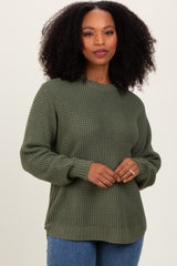 Light Olive Waffle Knit Rounded Hem Maternity Sweater