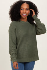 Light Olive Waffle Knit Rounded Hem Sweater