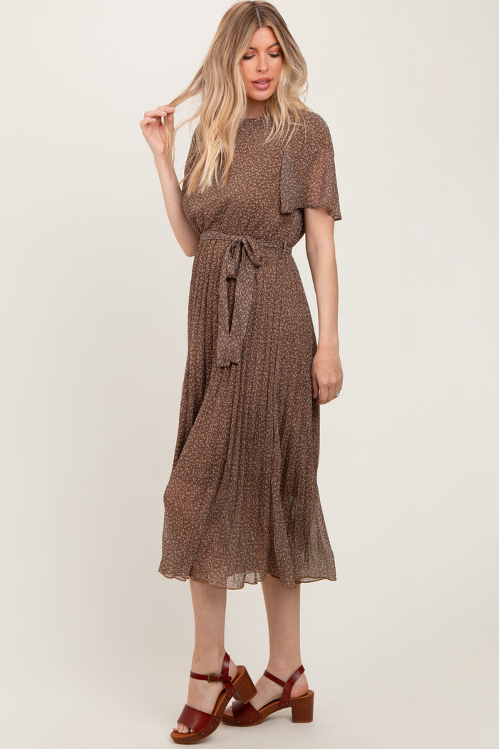 Mocha Leaf Print Pleated Midi Dress