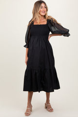 Black Chiffon Smocked Puff Sleeve Maternity Midi Dress