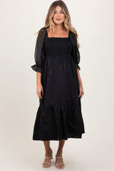 Black Chiffon Smocked Puff Sleeve Maternity Midi Dress