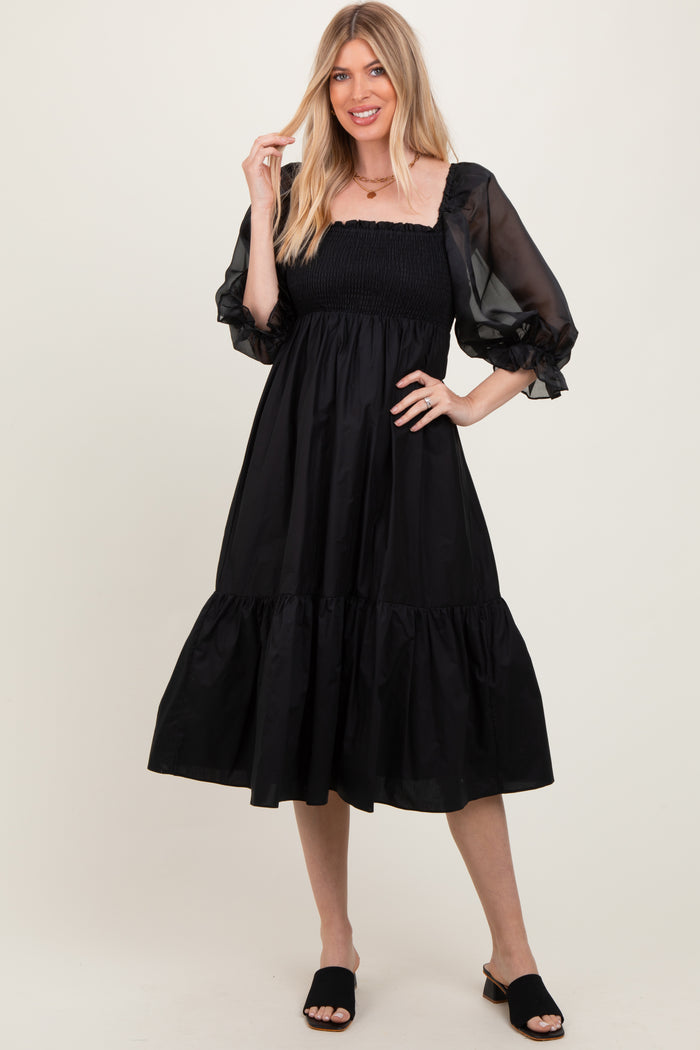 Black Chiffon Smocked Puff Sleeve Midi Dress