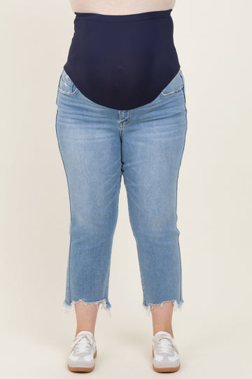 maternity plus high-waisted blue jeans with a stretchy panel for support, styled with frayed hem and worn with white sneakers