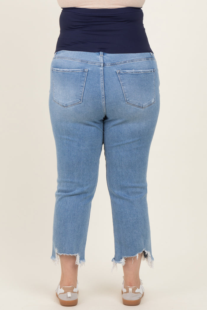 maternity plus light blue cropped jeans with frayed hem and stretchy navy waistband, worn by a model from the back