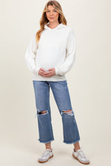 Blue Open Knee Fringe Hem Cropped Wide Leg Maternity Jeans
