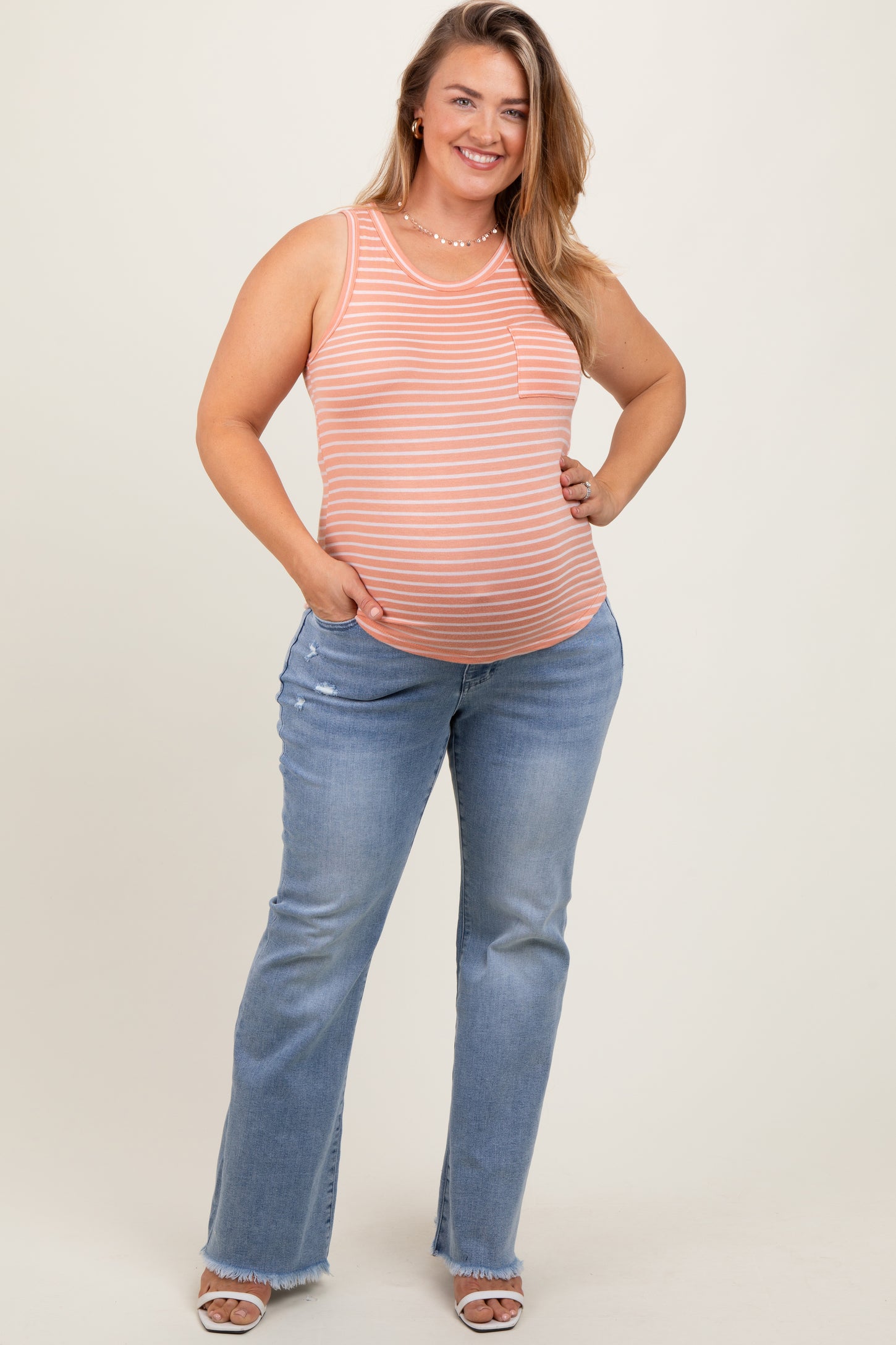 Light Blue Distressed Fringe Hem Flare Leg Maternity Plus Jeans