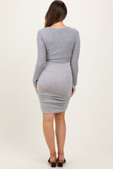 Heather Grey Layered Top Ruched Maternity/Nursing Midi Dress