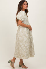 Light Olive Floral Jacquard Knit Puff Sleeves Maternity Midi Dress