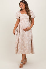 Beige Floral Jacquard Knit Puff Sleeves Maternity Midi Dress