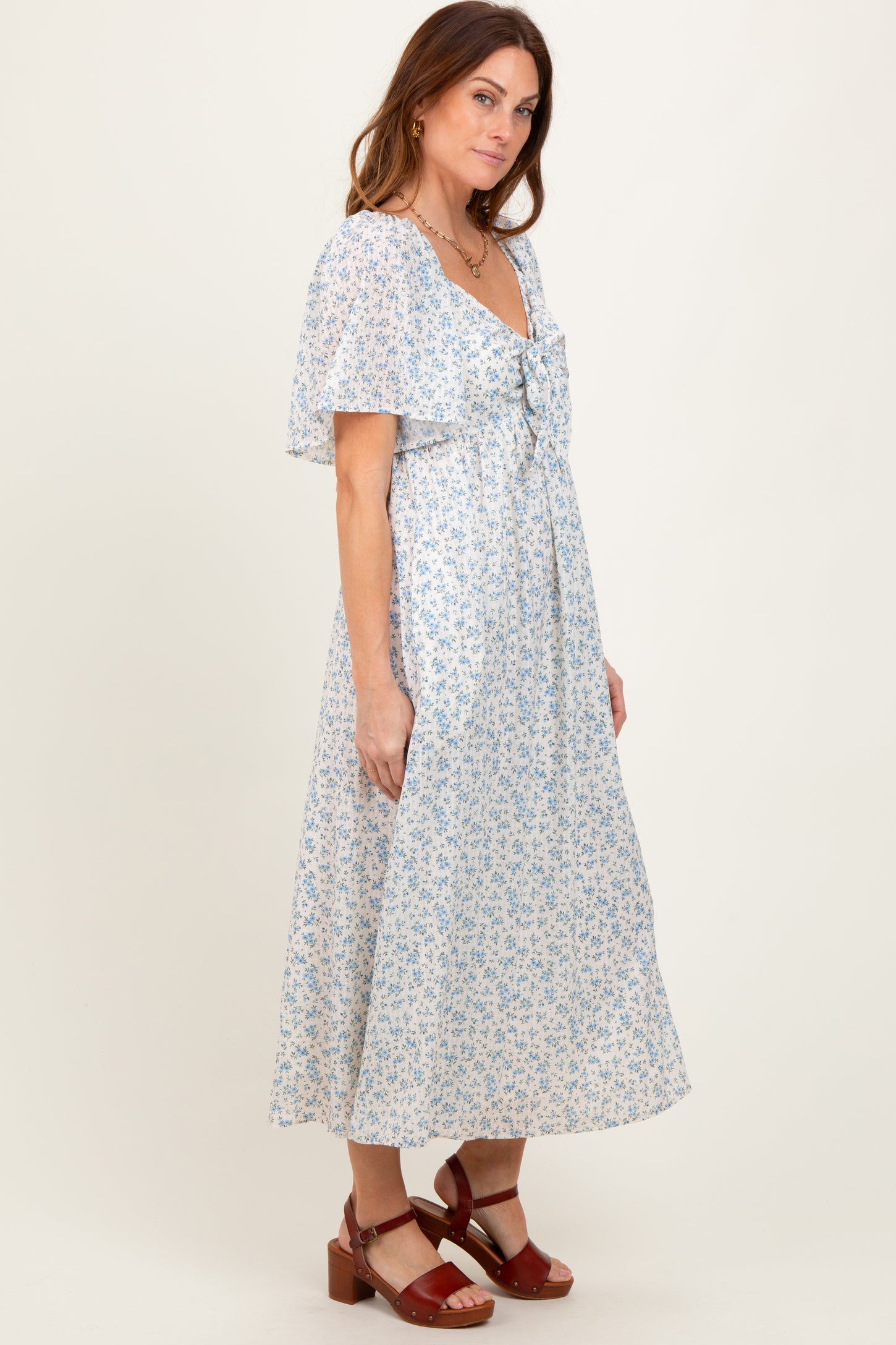 Blue Floral Front Tie Midi Dress