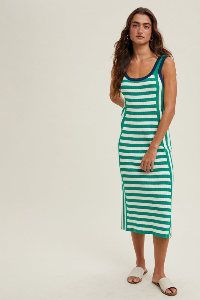 Green Mixed Stripe Ribbed Knit Sleeveless Midi Dress