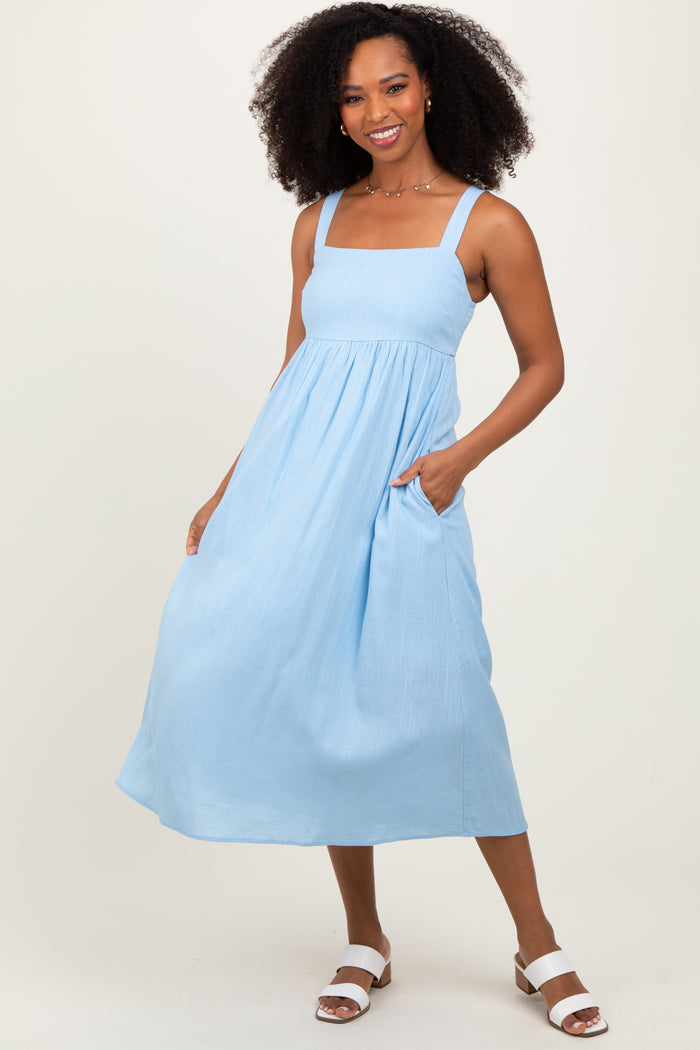 Blue Linen Blend Square Neck Maternity Midi Dress