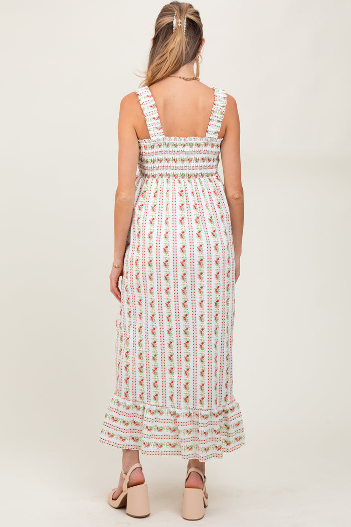 Red Floral Smocked Sleeveless Maternity Maxi Dress