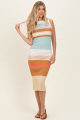 Light Olive Colorblock Striped Knit Sleeveless Midi Dress