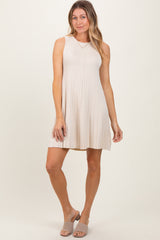 Cream Ribbed Pleated Knit Sleeveless Mini Dress