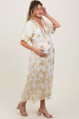 Cream Metallic Floral Jacquard Overlay Maternity Maxi Dress