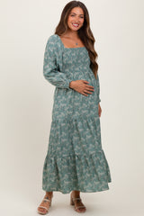 Light Olive Floral Smocked Square Neck Maternity Maxi Dress