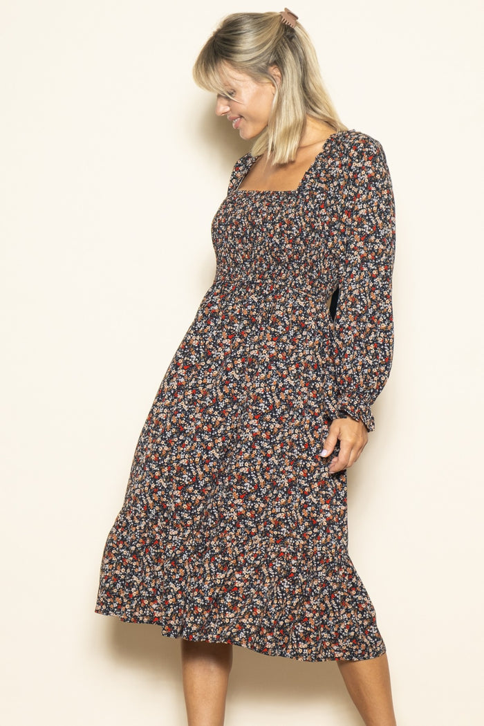 Black Floral Smocked Velvet Back Tie Maternity Midi Dress