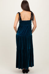 Deep Teal Velvet Smocked Satin Shoulder Tie Maternity Maxi Dress