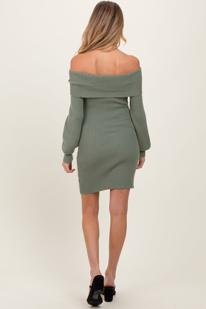 Light Olive Off Shoulder Balloon Sleeve Maternity Mini Sweater Dress