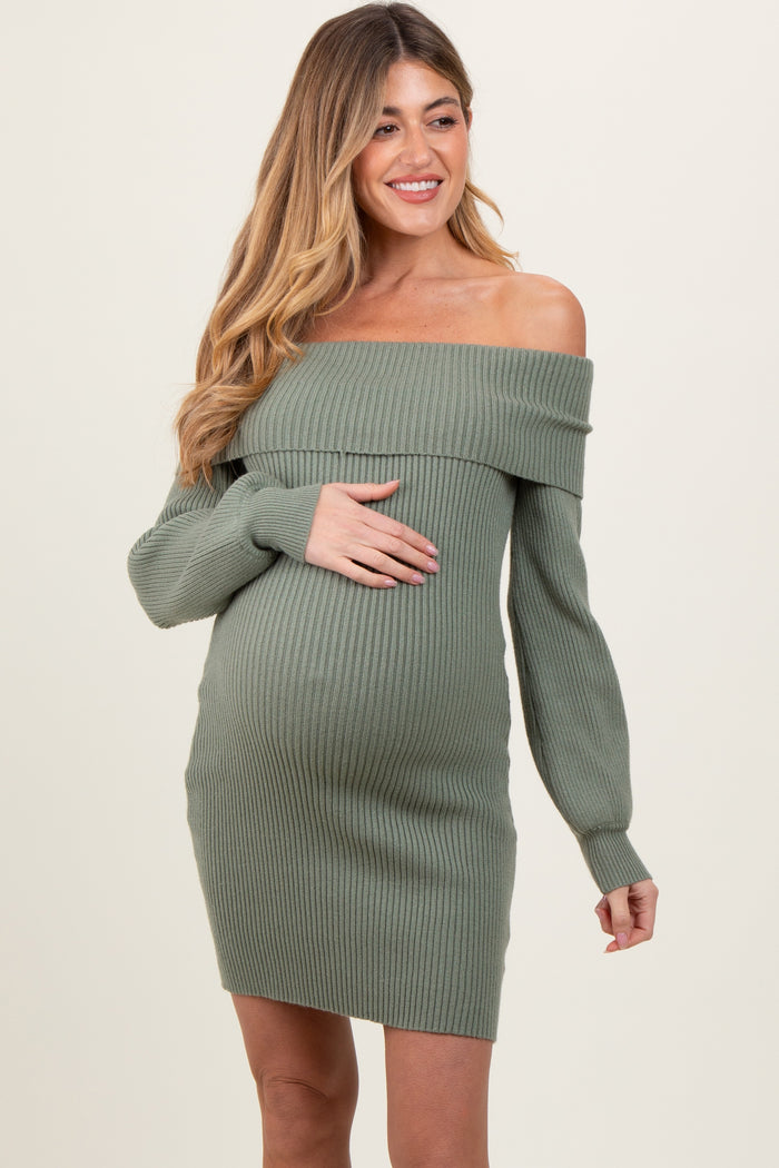 Light Olive Off Shoulder Balloon Sleeve Maternity Mini Sweater Dress