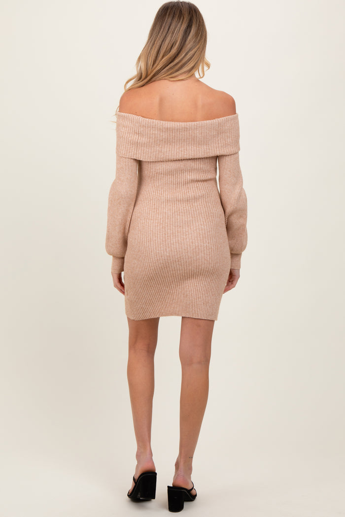 Cream Off Shoulder Balloon Sleeve Maternity Mini Sweater Dress