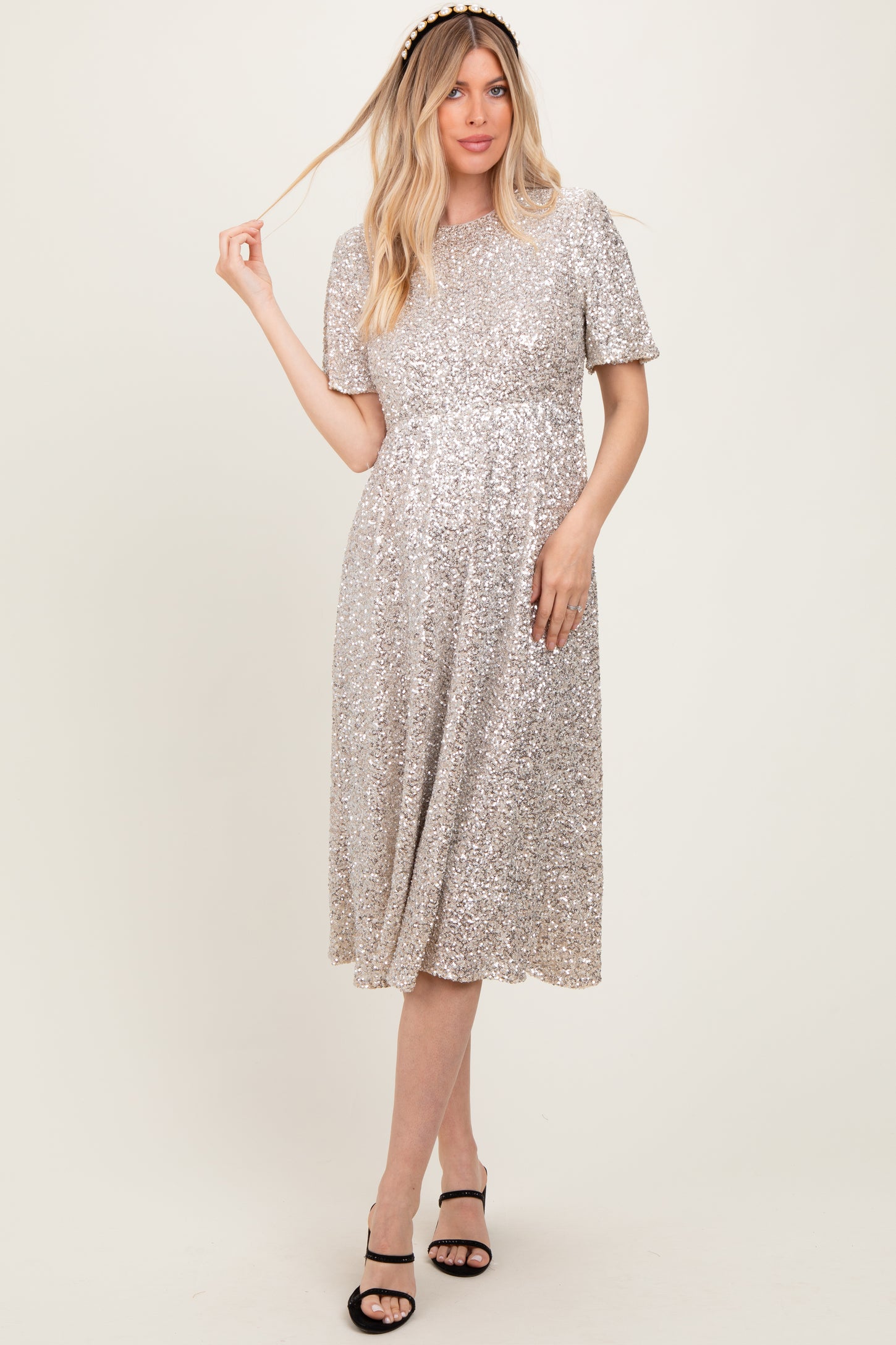 Gold Sequin Short Sleeve Midi Dress