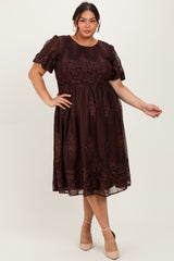 Brown Floral Embroidered Mesh Overlay Smocked Plus Midi Dress