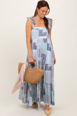 Blue Patchwork Print Shoulder Tie Tiered Maxi Dress