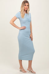 Light Blue Ruched Bust Short Sleeve Maxi Dress