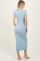 Light Blue Ruched Bust Short Sleeve Maxi Dress