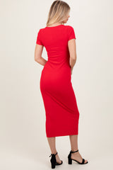 Red Ruched Bust Short Sleeve Maxi Dress