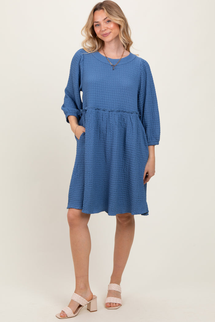 Blue Knit Ruffle Trim Dress