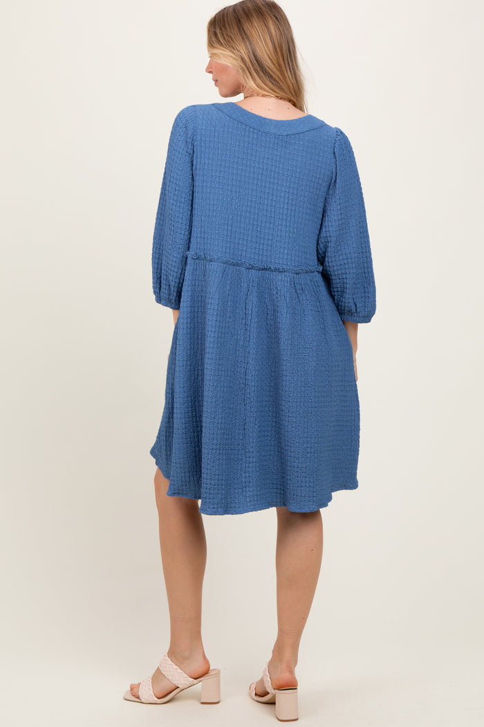 Blue Knit Ruffle Trim Dress