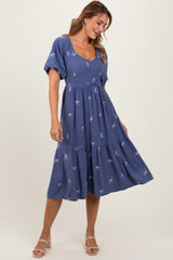 Blue Ribbon Print Smocked Midi Dress