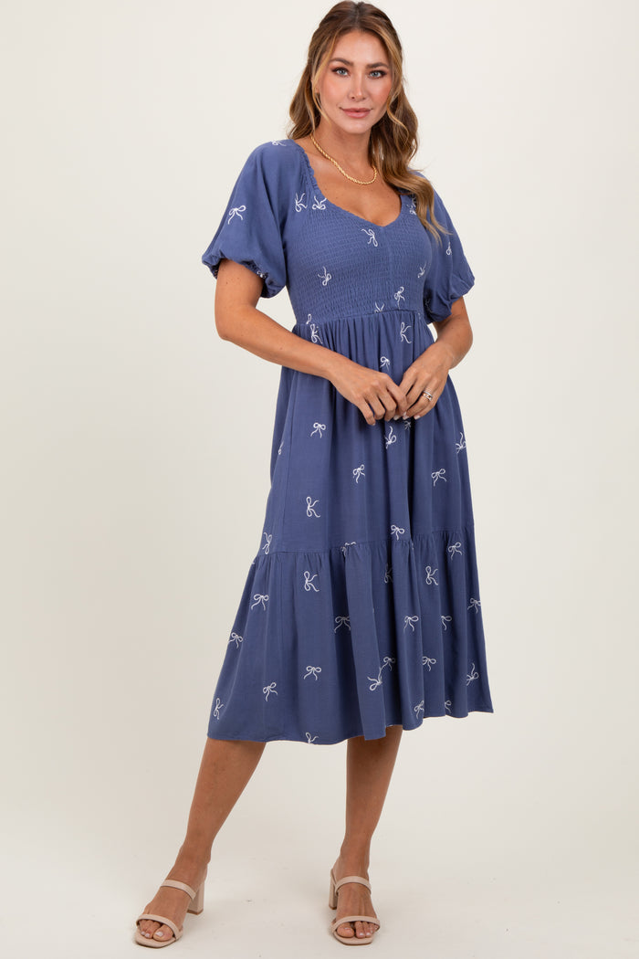 Blue Ribbon Print Smocked Midi Dress