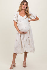 Cream Ribbon Print Smocked Maternity Midi Dress