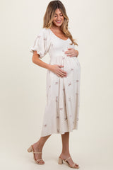 Cream Ribbon Print Smocked Maternity Midi Dress