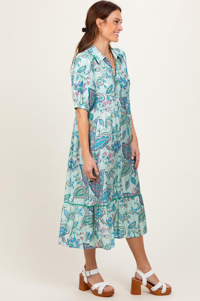 Aqua Paisley Collared Ruffle Hem Midi Dress