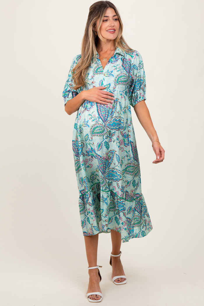 Aqua Paisley Collared Ruffle Hem Maternity Midi Dress