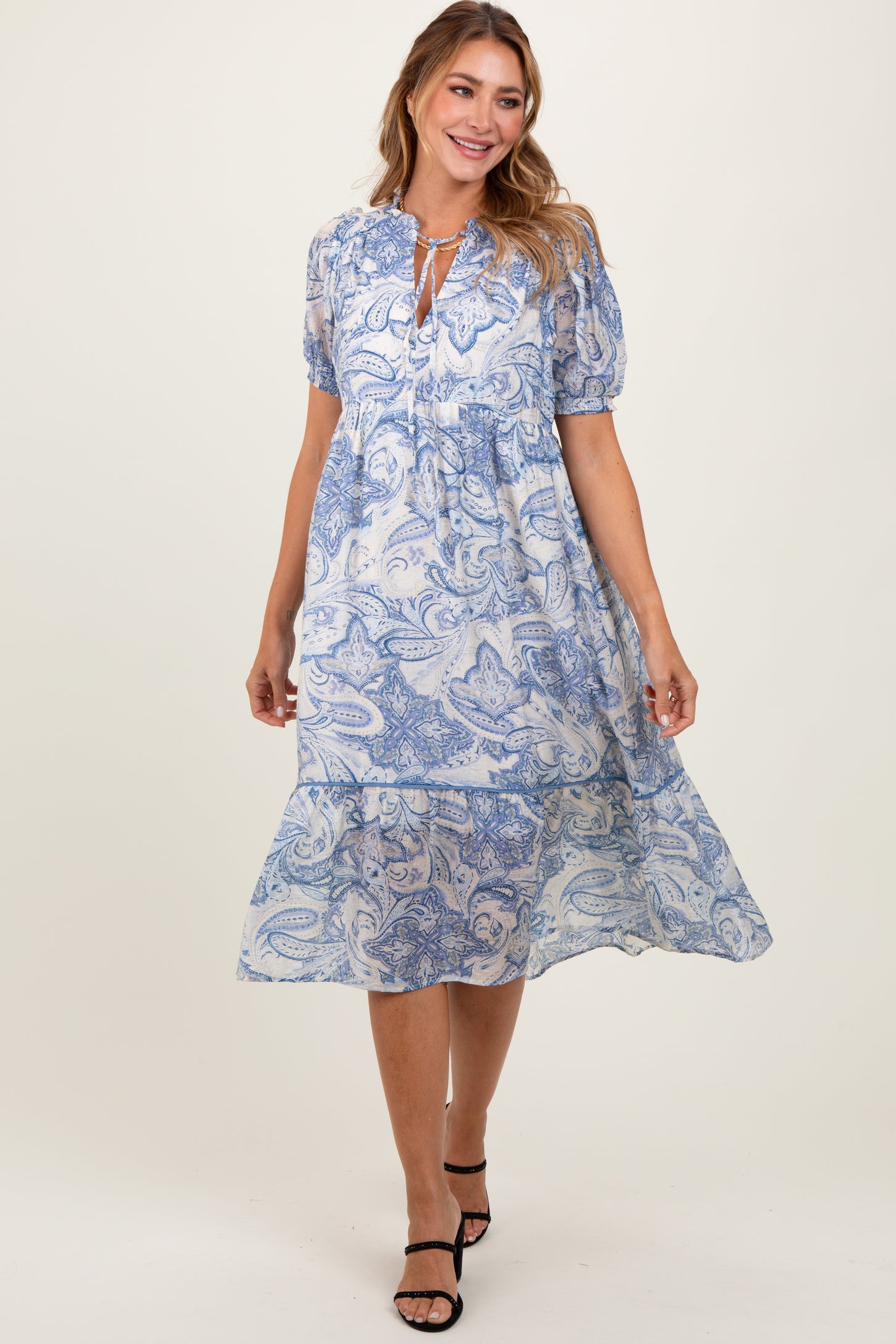 Blue Paisley Front Tie Ruffle Trim Maternity Midi Dress
