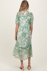 Green Paisley Front Tie Ruffle Trim Maternity Midi Dress