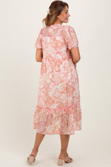 Pink Paisley Front Tie Ruffle Trim Midi Dress