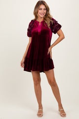 Burgundy Velvet Floral Lace Short Sleeve Maternity Dress