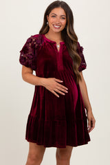 Burgundy Velvet Floral Lace Short Sleeve Maternity Dress