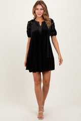 Black Velvet Floral Lace Short Sleeve Maternity Dress