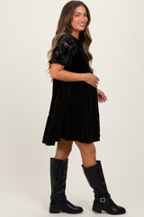 Black Velvet Floral Lace Short Sleeve Maternity Dress