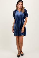 Blue Velvet Floral Lace Short Sleeve Maternity Dress