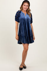 Blue Velvet Floral Lace Short Sleeve Dress