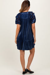 Blue Velvet Floral Lace Short Sleeve Dress